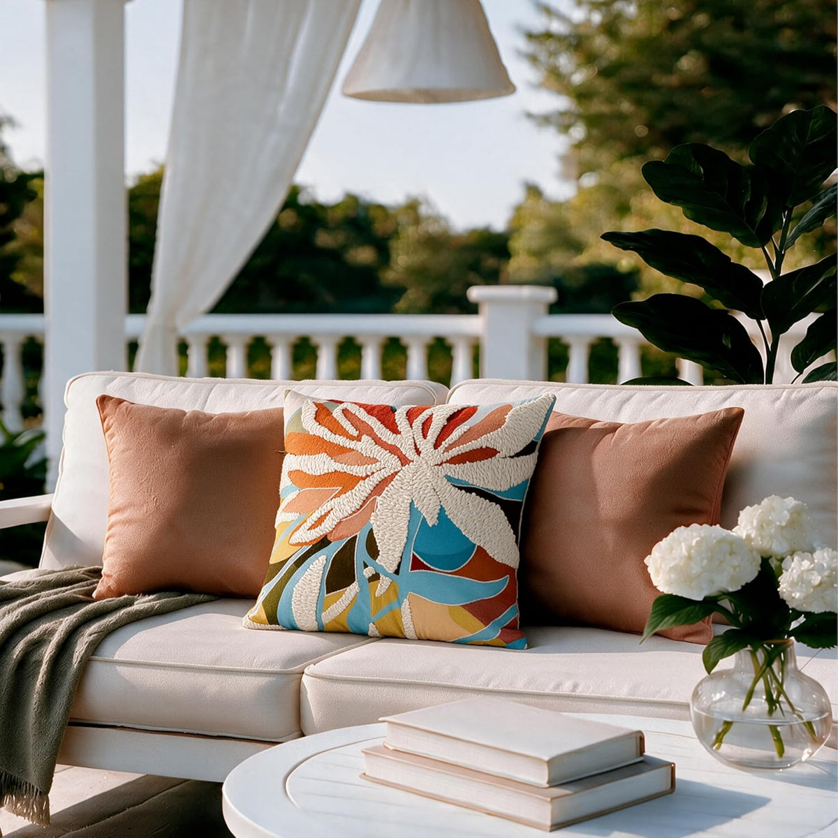 HOKIPO Printed Cushion Cover with Embroidery, Floral Strip Ivory, 16 x 16 in (Cord & Satin Embroidery) - image 7