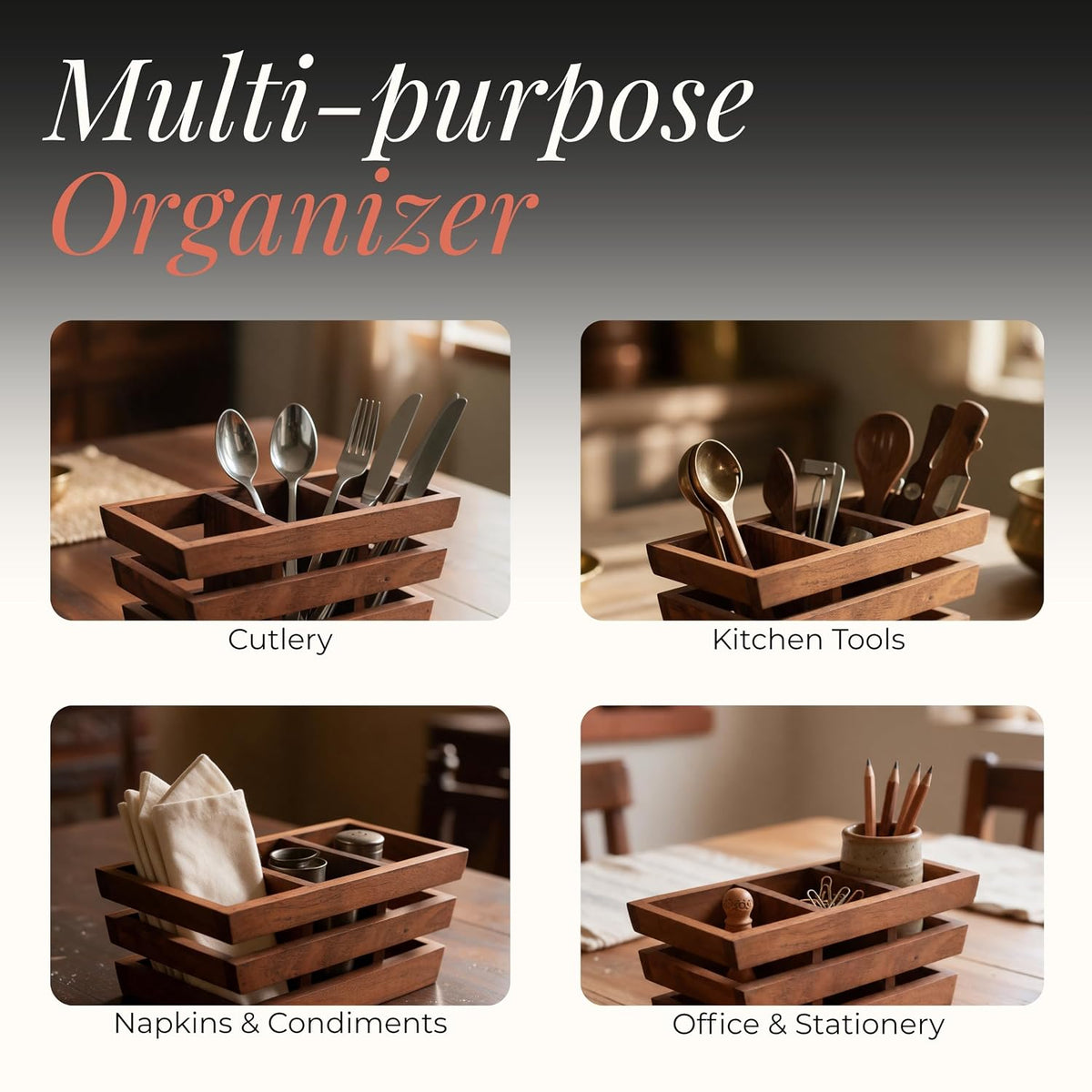 HOKIPO Arbor Acacia Wood Cutlery Holder, 3 Compartment Slatted Spoon Stand - image 6