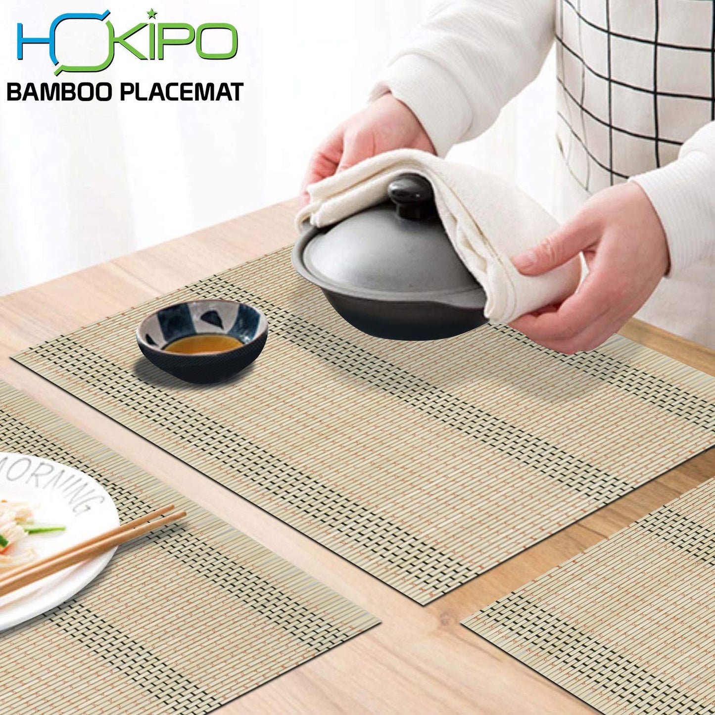 Reversible Bamboo Placemats Set Of 6 Table Mats, 45X30 Cm, Beige