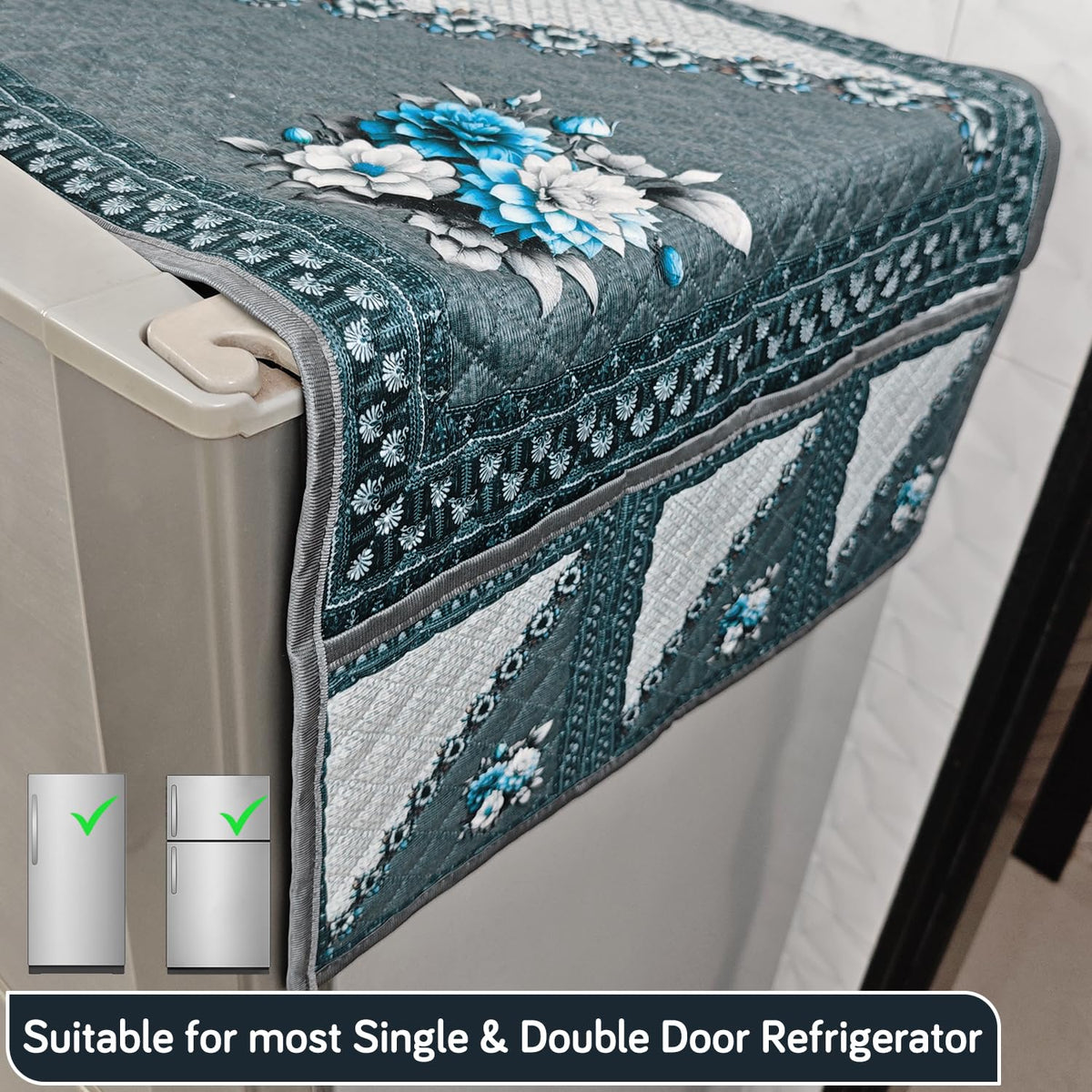 Eternal Floral Printed Quilted Fridge Top Cover with side Pockets - Moonlit Blossom