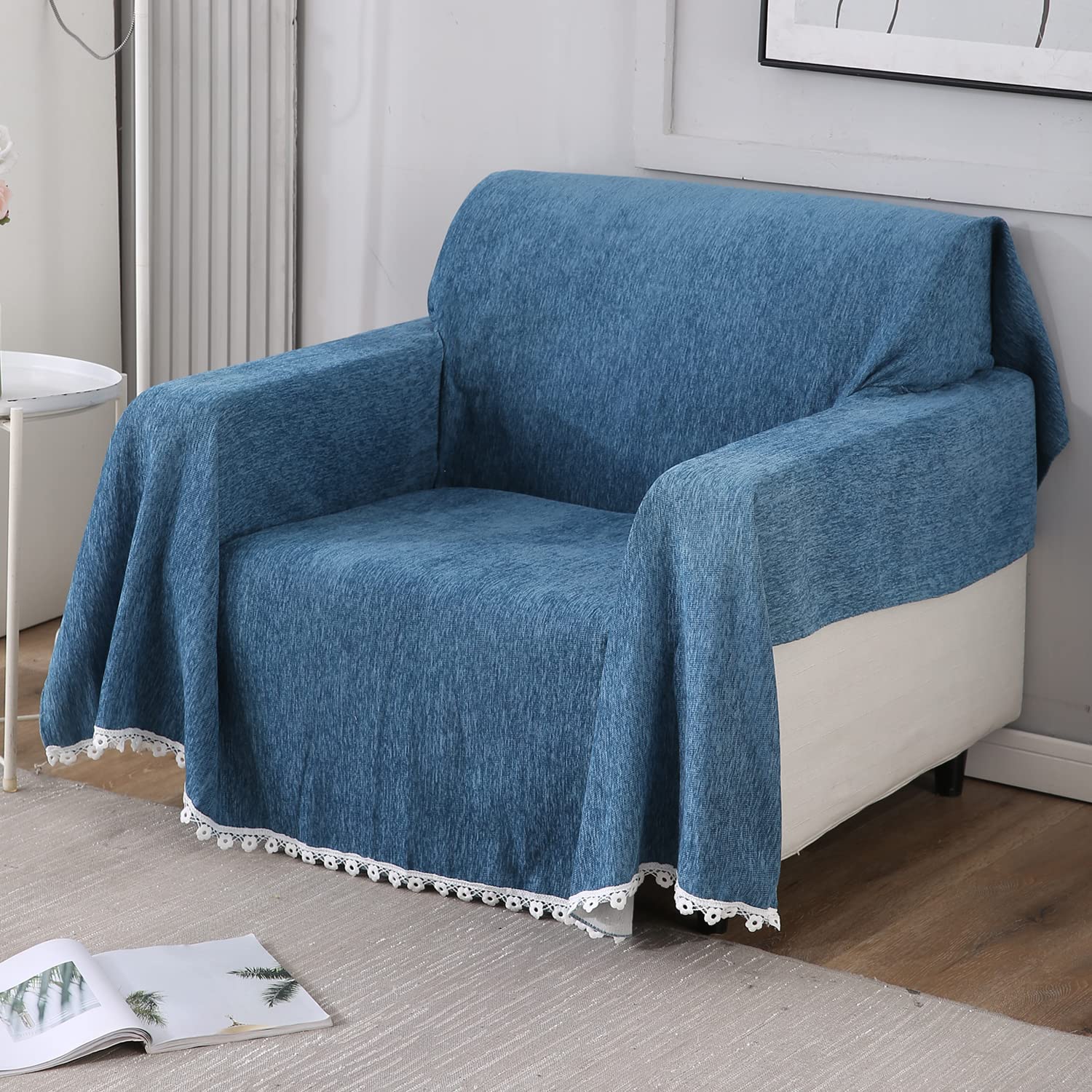 1 Seater elegant Blue colour chenille sofa throw of size 180(D)x180(L) 
