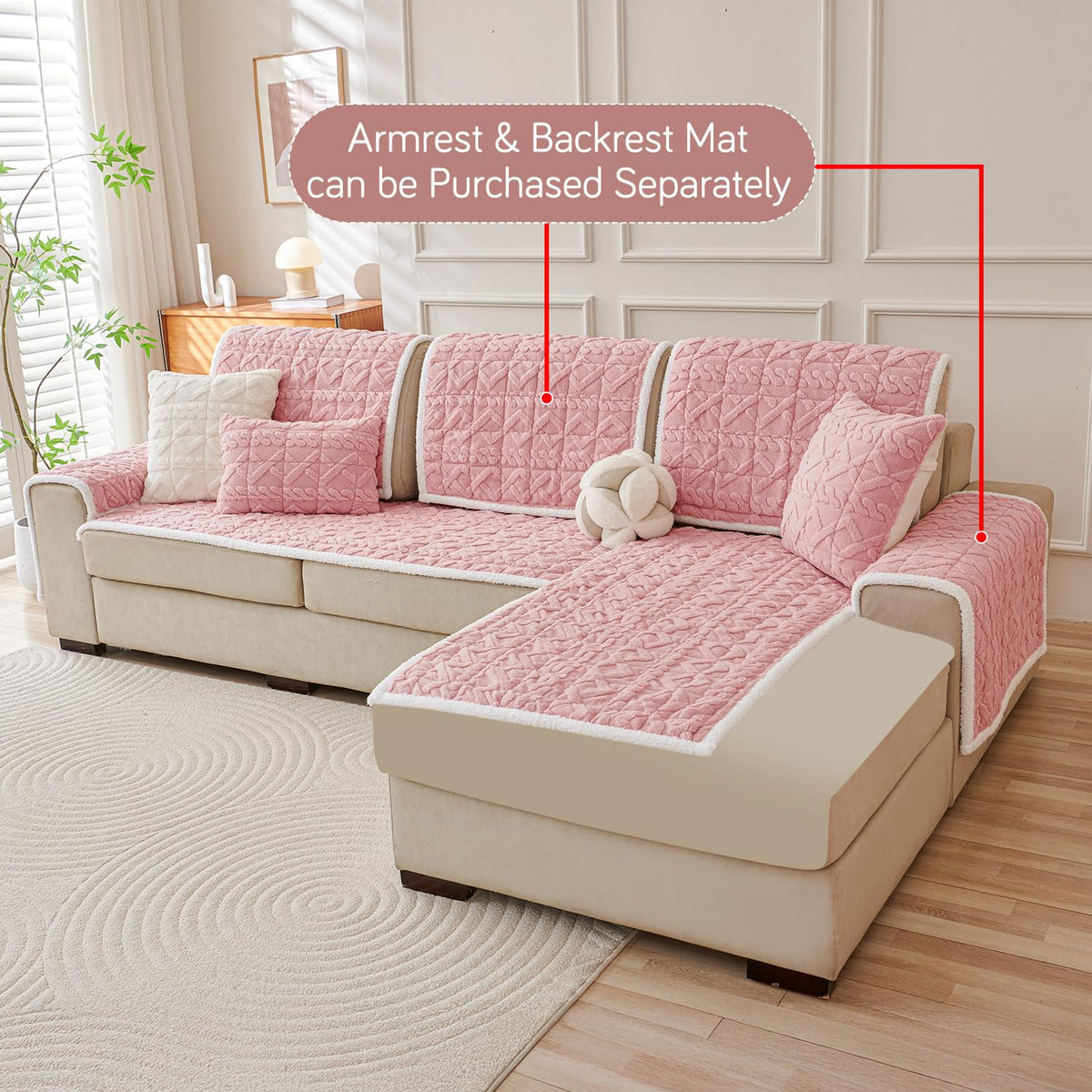 Italian Caelora Luxury Jacquard Plush L Shape Sofa Cover Seat Mat - Misty Rose