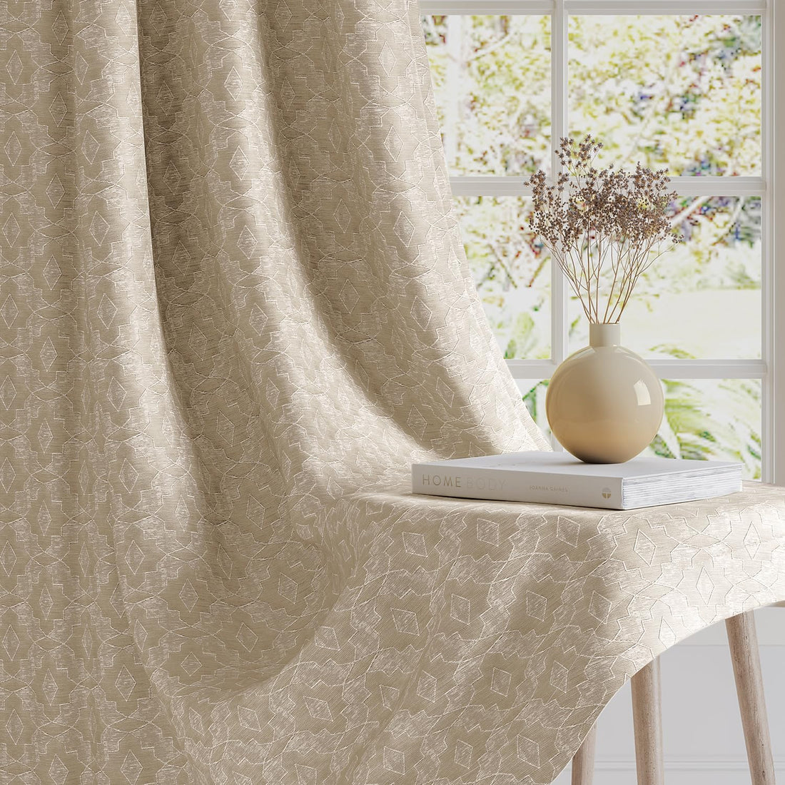 HOKIPO Marrakesh Jacquard Eyelet Curtains, 7 Feet Long - Beige