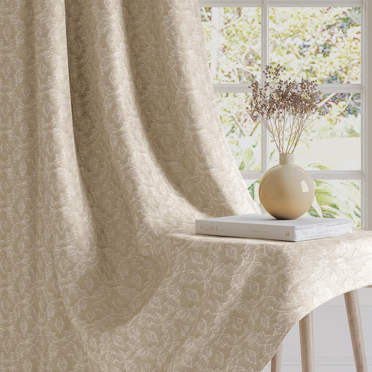 HOKIPO Marrakesh Jacquard Eyelet Curtains, 7 Feet Long - Beige