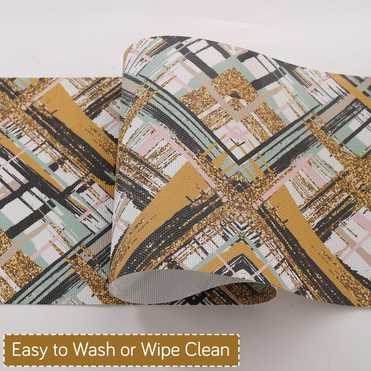 Marble Fusion PVC Mats for Dining Table, Crosshatch - Mustard Gold