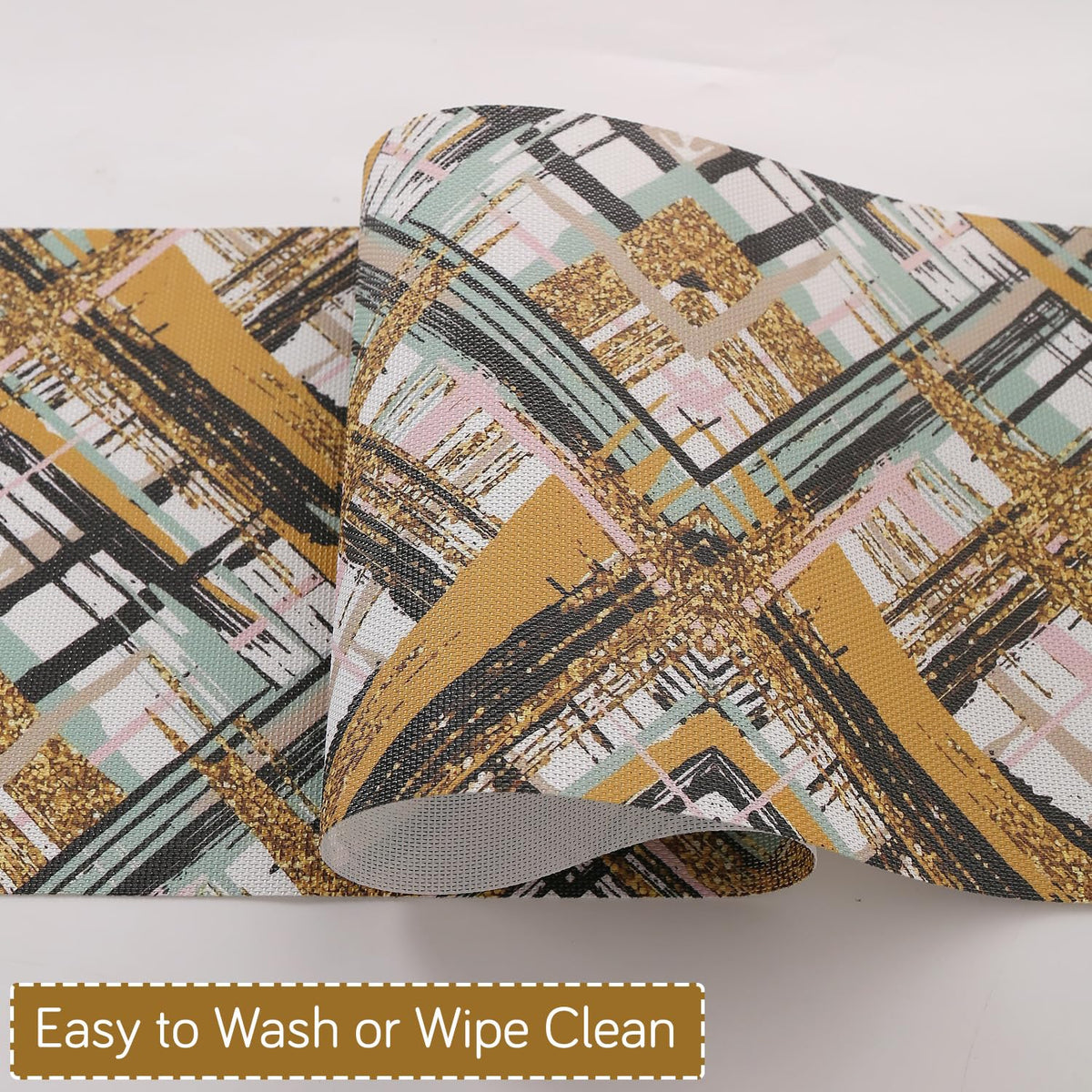 Marble Fusion PVC Mats for Dining Table, Crosshatch - Mustard Gold