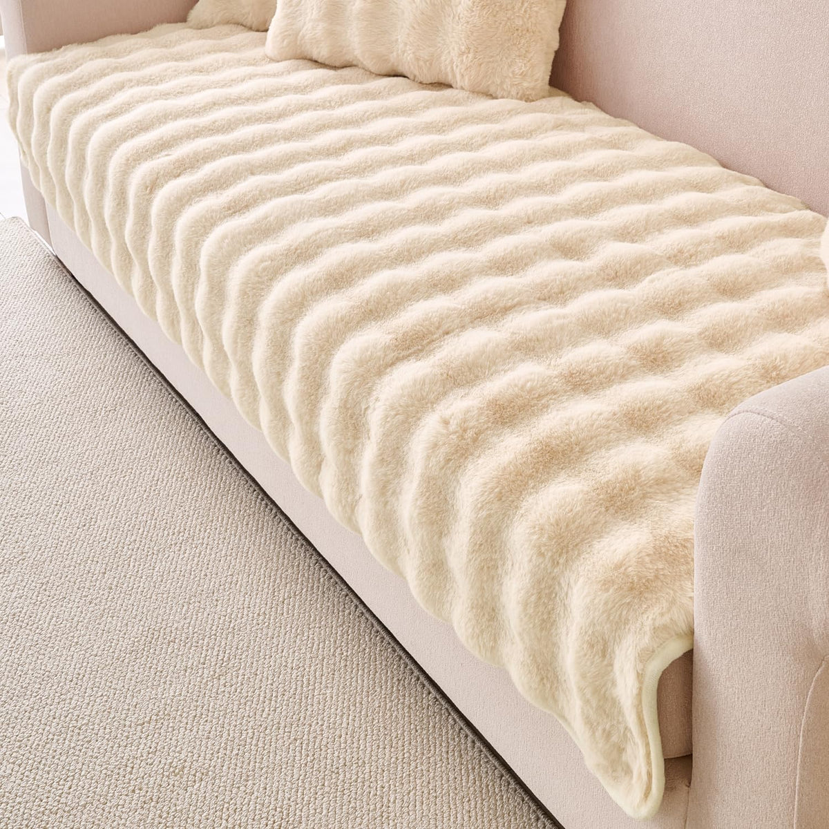 'FurHug' Premium Faux Rabbit Fur Sofa Seat Mats, Beige