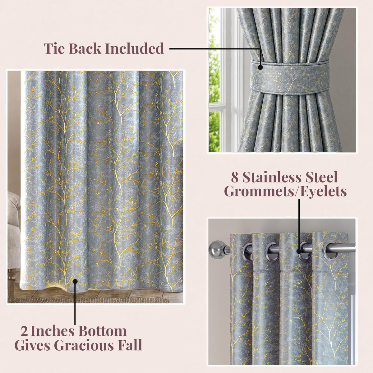 HOKIPO Shimmer Foil Printed Curtains, 7 Feet Long - Grey - image 4