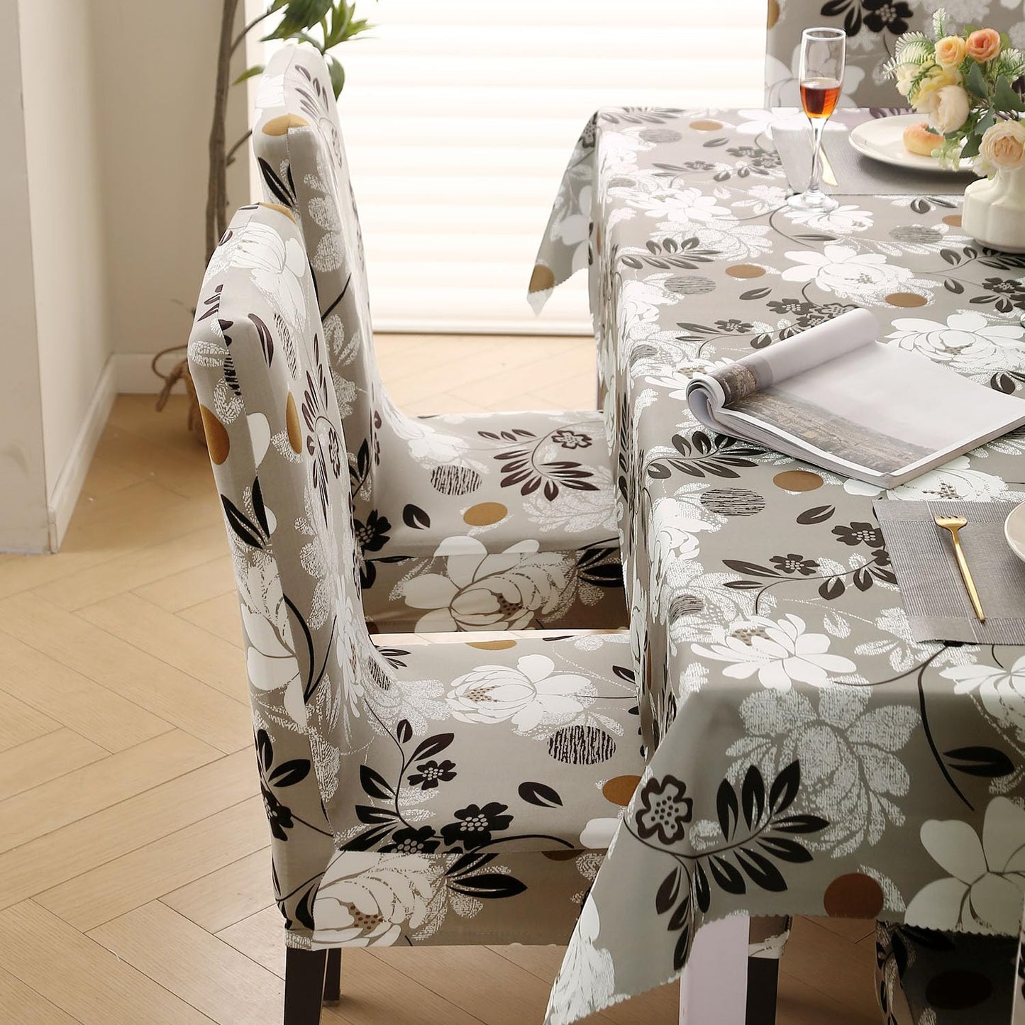 Elastic Dining Chair Covers with Matching Tablecloth, Feather Brown Floral