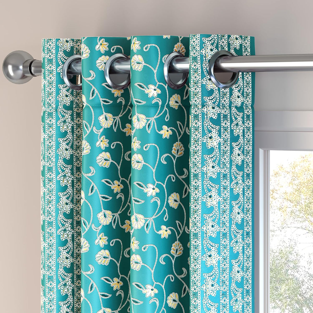 HOKIPO Shahi Bagh Eyelet Curtains, 7 Feet Long - Teal - image 7