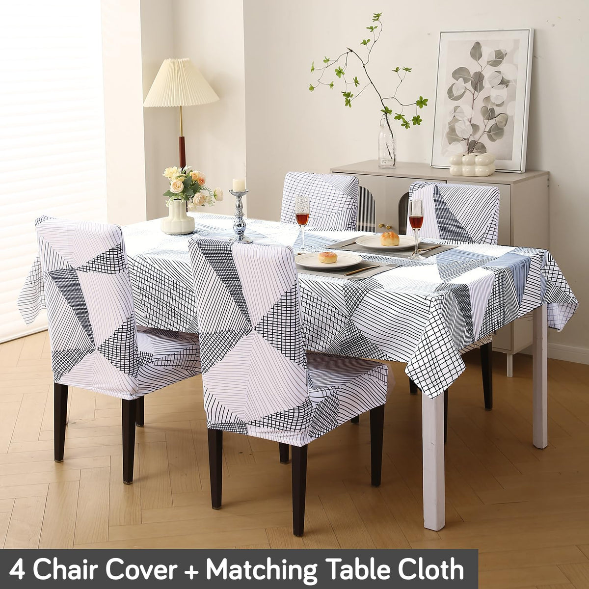 Elastic Dining Chair Covers with Matching Tablecloth, Snow White Black Geometry