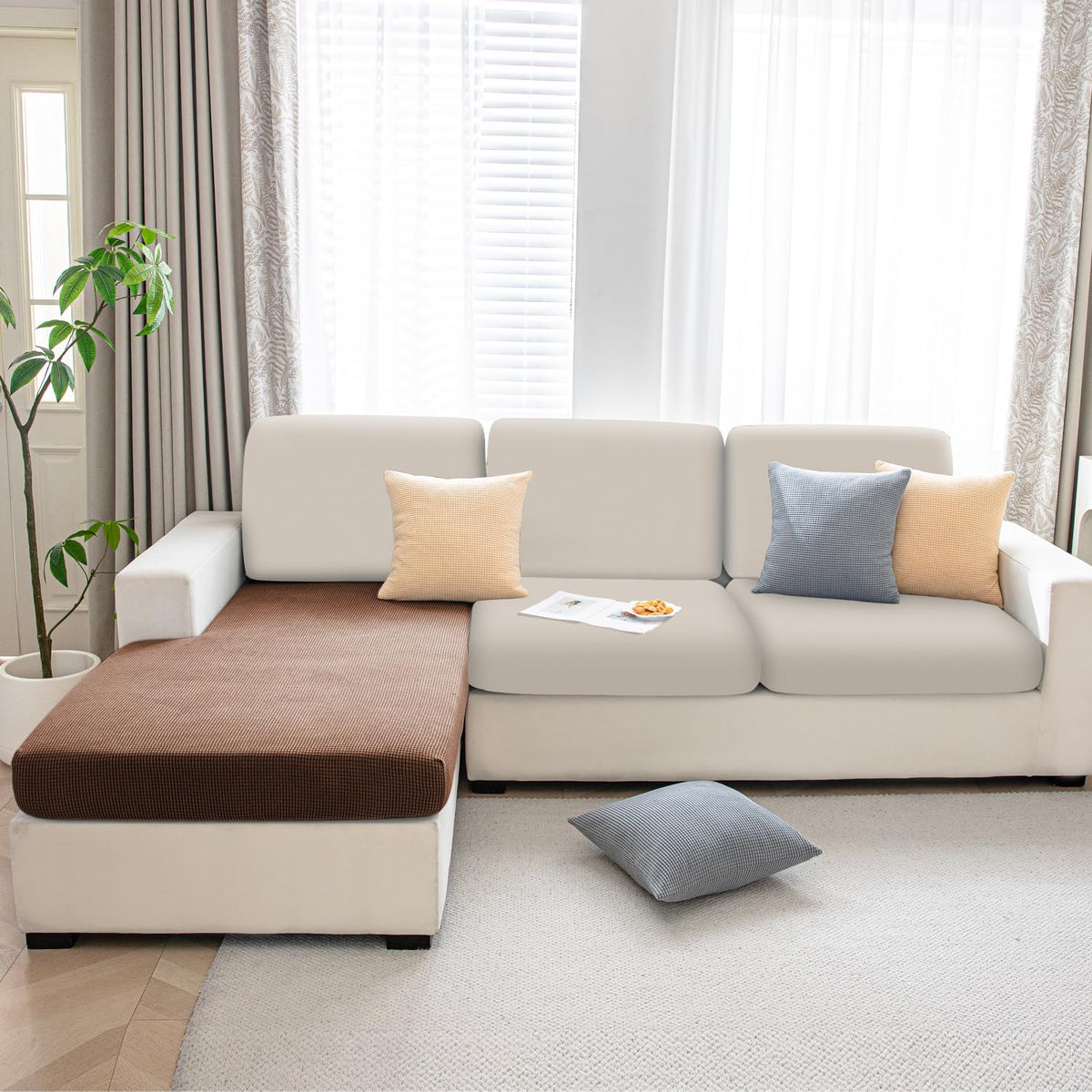 Stretchable Thick Jacquard Textured Seat Cushion Cover for 1/2/3 Seaters / Pieces for Sofa, Brown