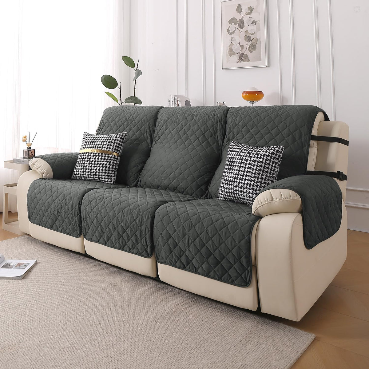 UrbanQuilt Recliner Sofa Slipcover Mat with Dual Belt for 1/2/3 Seater - Anchor Grey