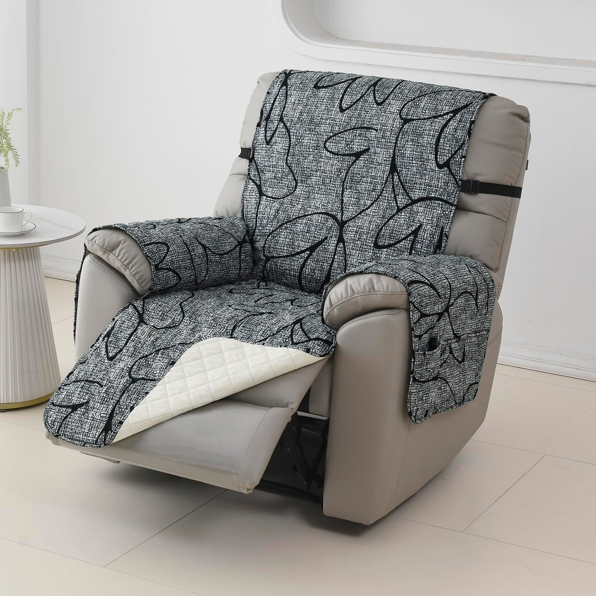 Quilted Recliner Water Repellent & Waterproof Cover for Small / Large - Intense Grey Abstract Floral