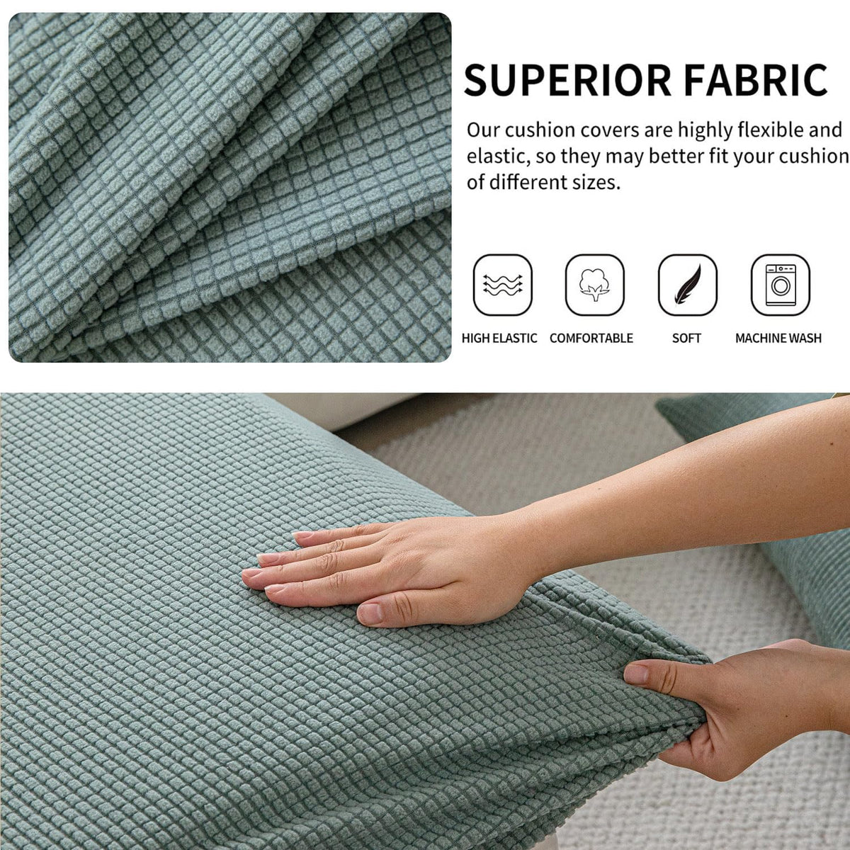 Stretchable Thick Jacquard Textured Seat Cushion Cover for 1/2/3 Seaters / Pieces for Sofa, Green