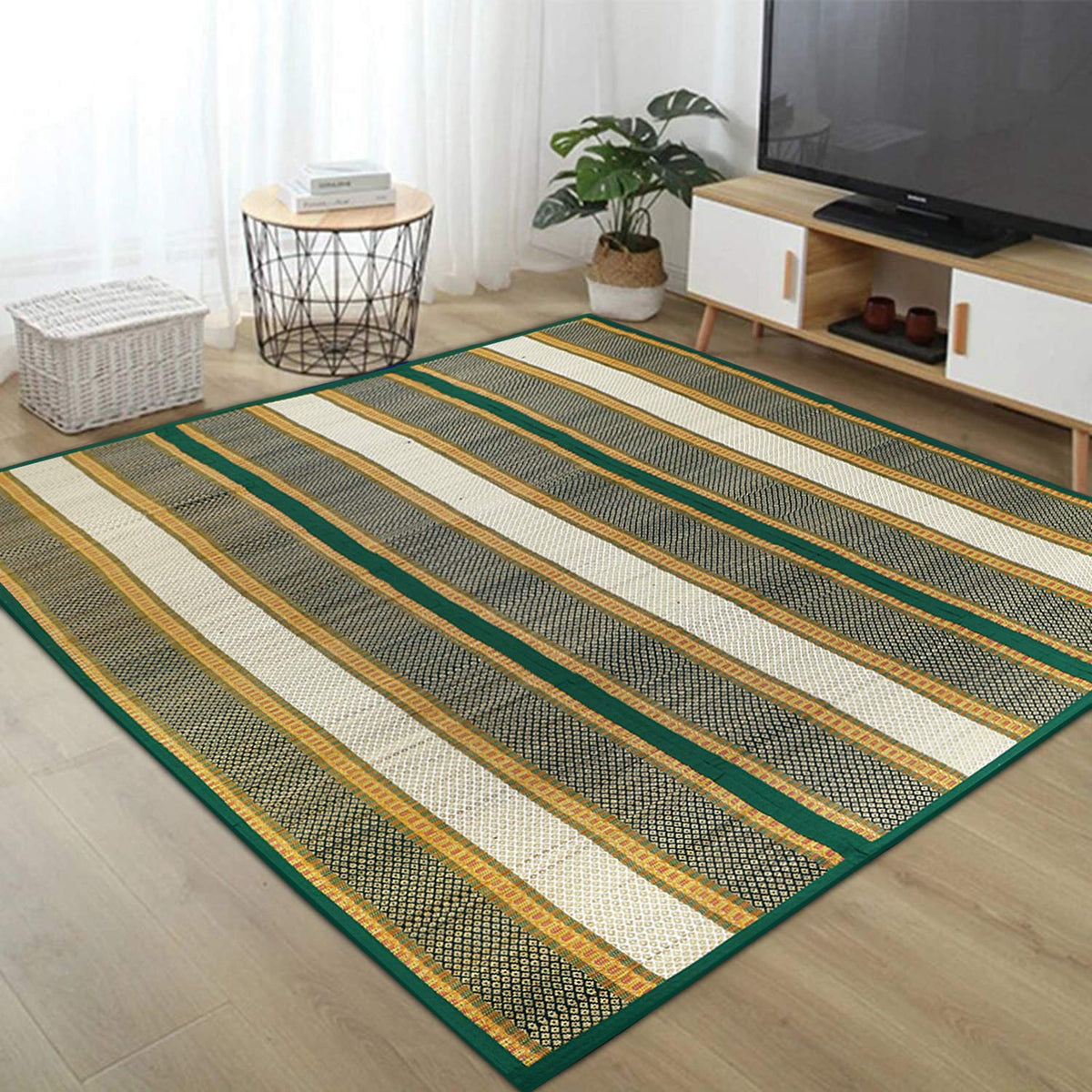 Durable Green Madurkathi floor chatai mat – foldable | HOKIPO