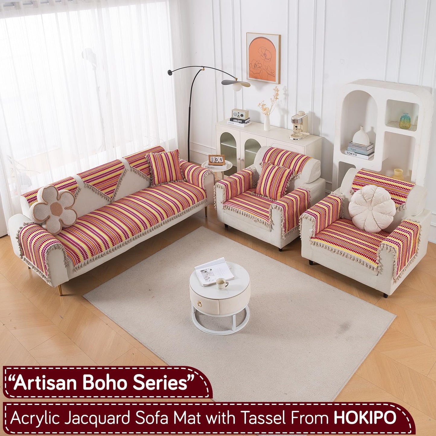 Artisan Boho 5-Seater Sofa Seat Mat with Tassels (3+1+1), Ruby Red