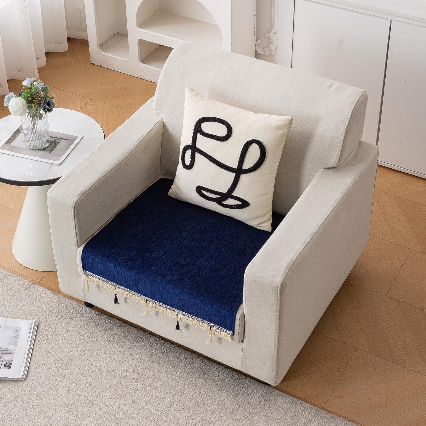 Serenity Tassel Chenille Sofa Cover with Tassel – Sapphire Navy