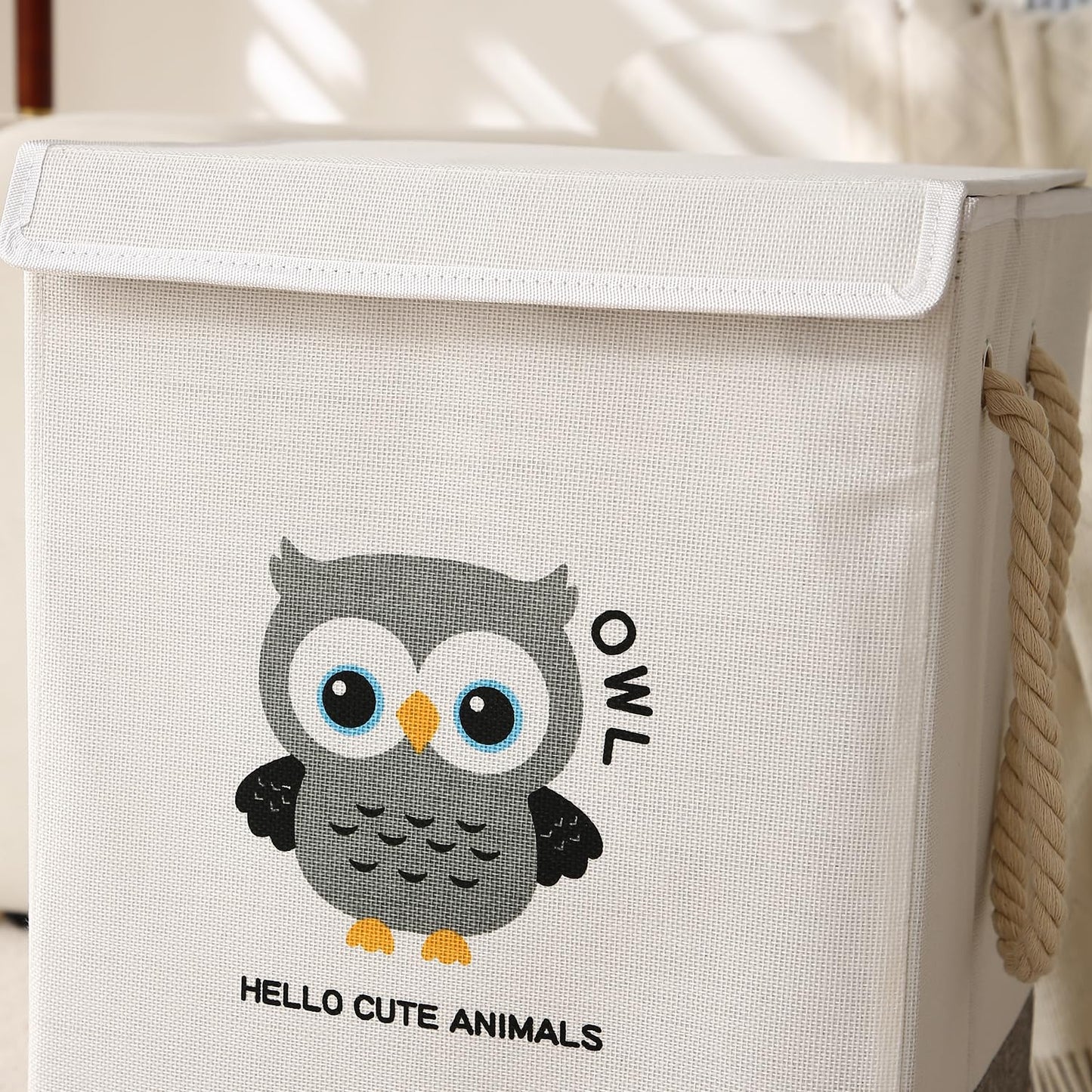 Foldable Laundry Basket for Clothes with Lid, Grey - Owl