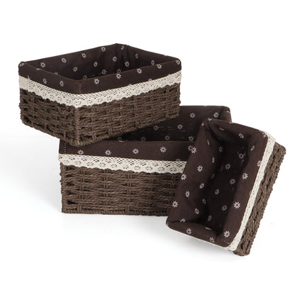 Eco-Friendly Handwoven Paper Weave Wicker Oval Basket For Home, Office, Wardrobe. Pack Of 3, Brown