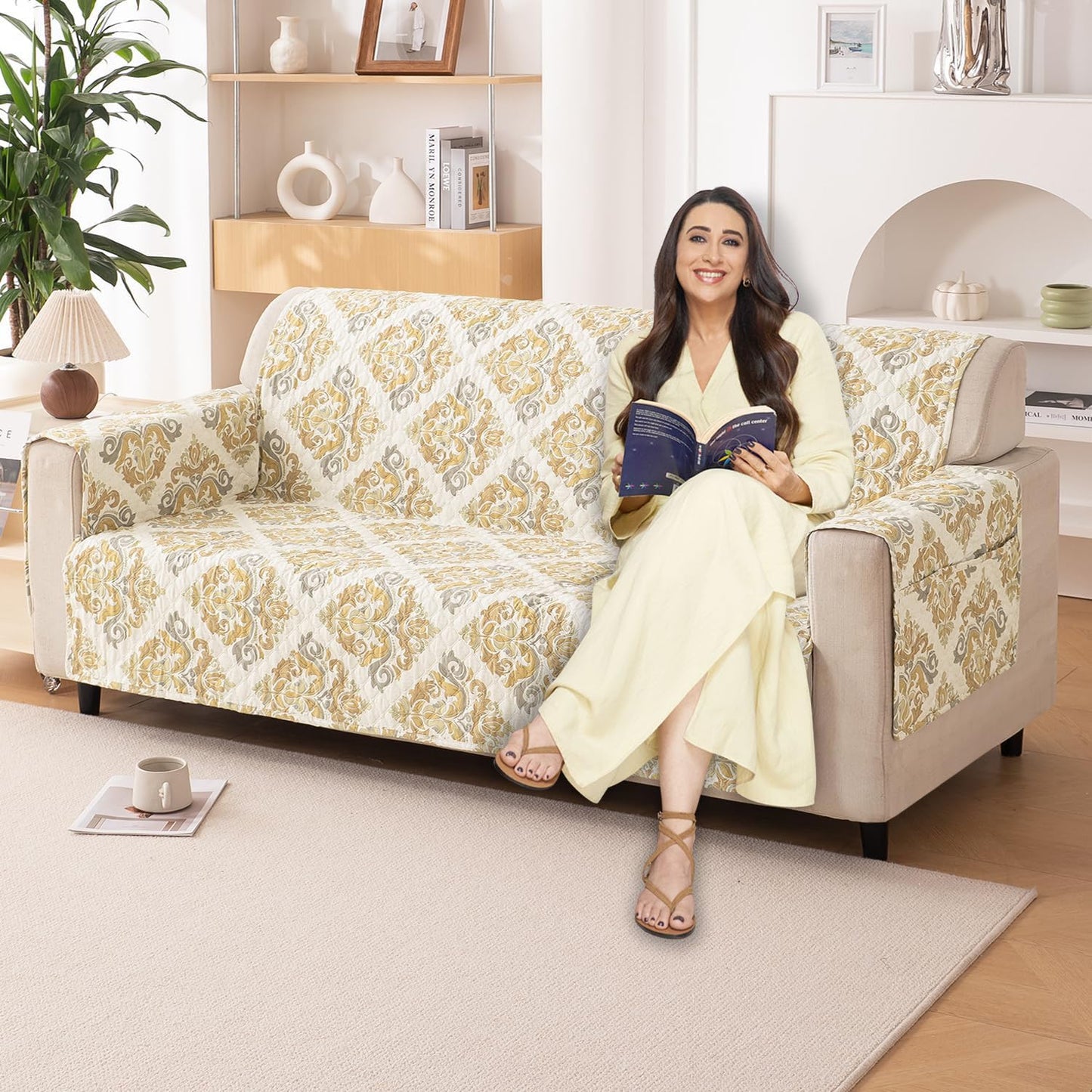 Quilted Printed Polyester Sofa Cover Mat for 1/2/3 Seater Sofa with Side Pockets, Pet Friendly, Damask Beige