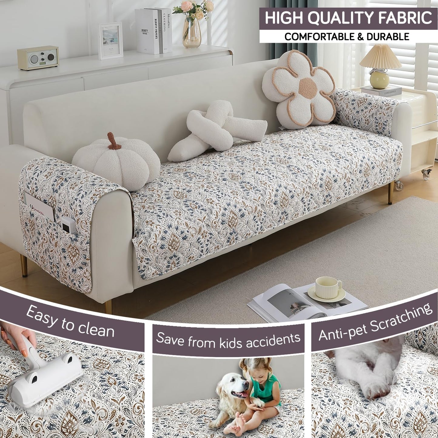 HOKIPO Quilted Waterproof Sofa Seat Mat with 2 Armrest Covers with Pockets, Damask White