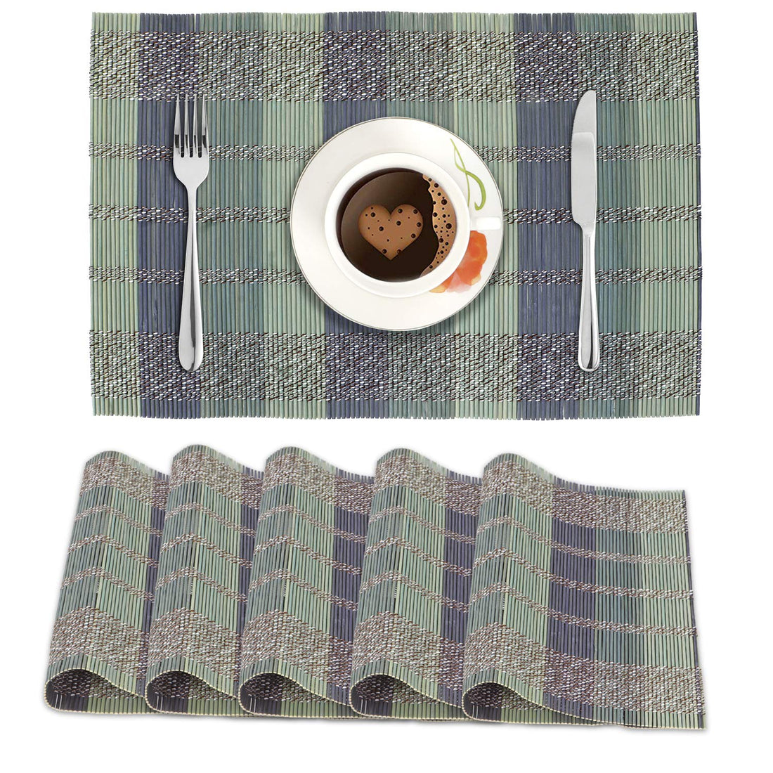 Reversible Bamboo Table Mats for Dining Table Set of 6 , 45 x 30 cm, Multicolour
