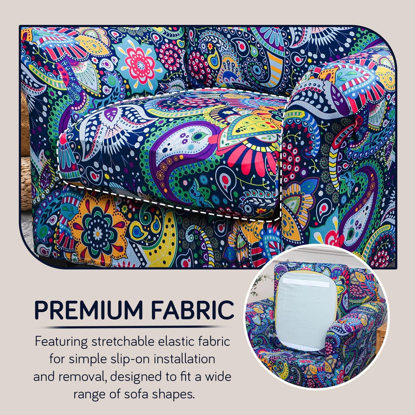 Printed Stretchable Sofa Slipcover with 1/2/3 Pc Separate Seat Cushion Cover for each 1/2/3 Seater, Saphire Boho Carnival
