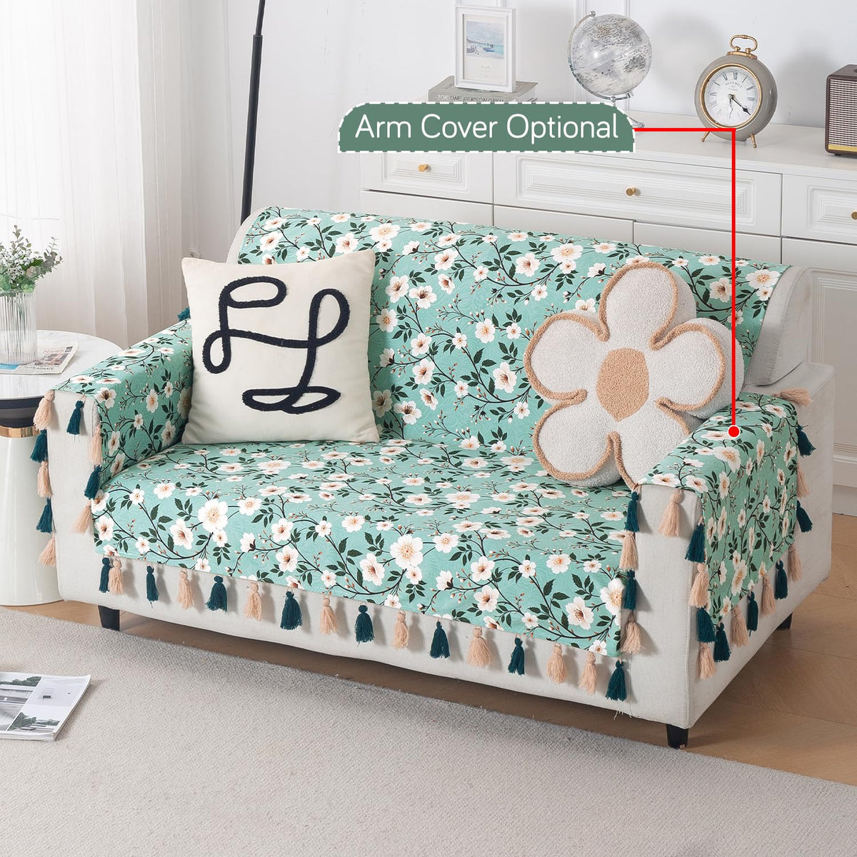 'Whispers of Nature' Series Holland Velvet Sofa Cover with Tassel, Sage Floral Vine