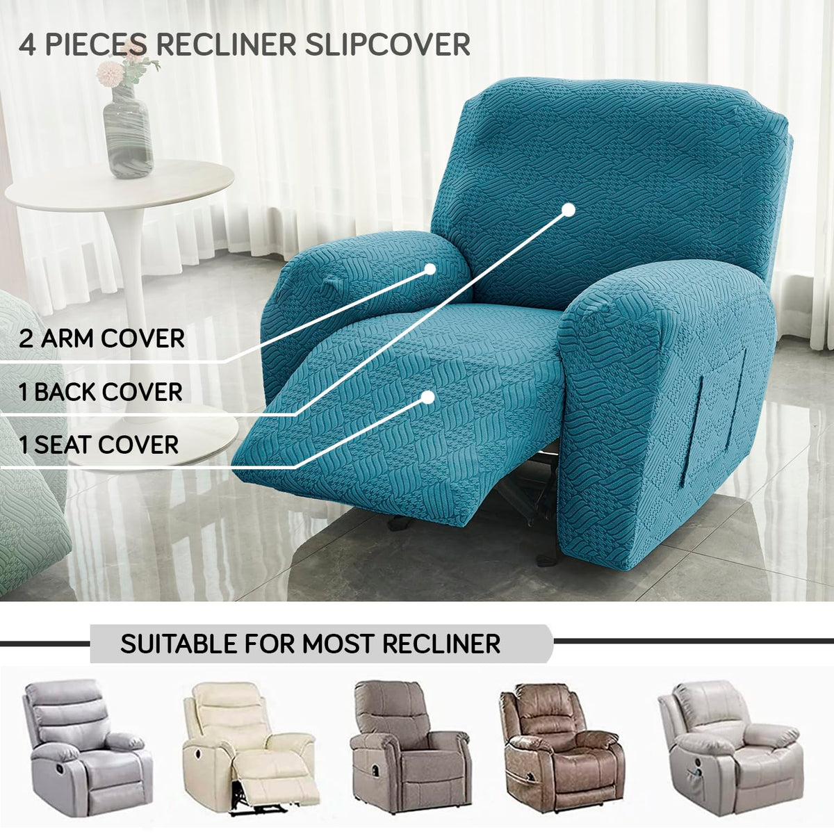 Buy Turquoise Colour Recliner chair cover set with 2 armrest cover, 1 backrest & 1 seat covers for snug secure fit