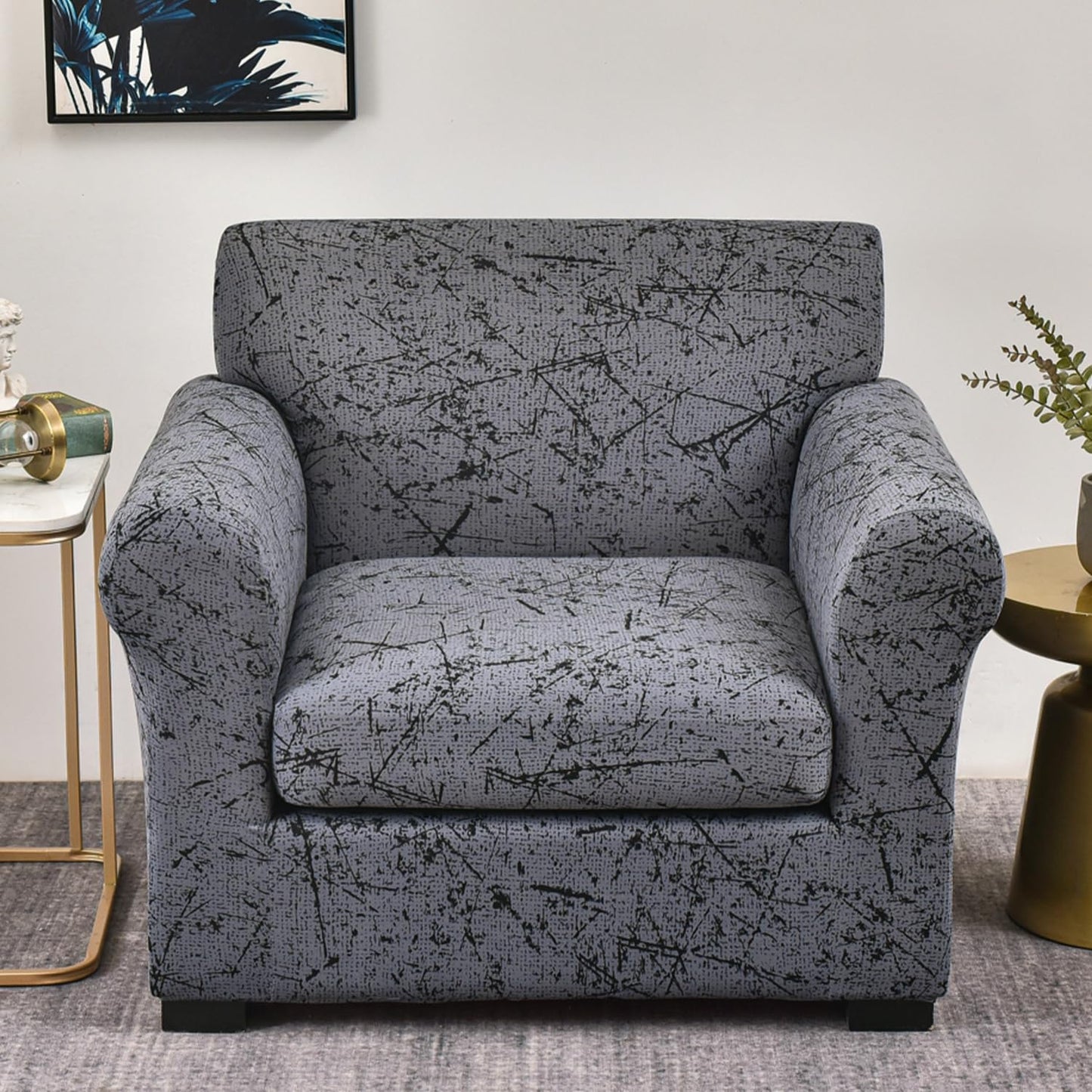 Printed Stretchable Sofa Slipcover with 1/2/3 Pc Separate Seat Cushion Cover for each 1/2/3 Seater, Intense Grey Splatter