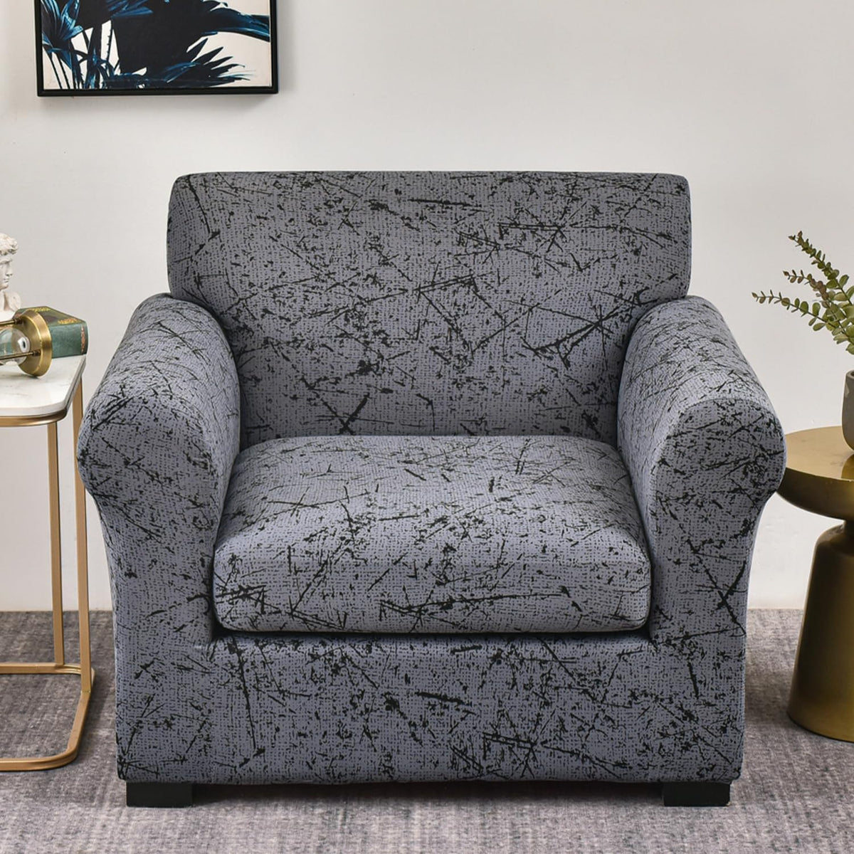 Printed Stretchable Sofa Slipcover with 1/2/3 Pc Separate Seat Cushion Cover for each 1/2/3 Seater, Intense Grey Splatter