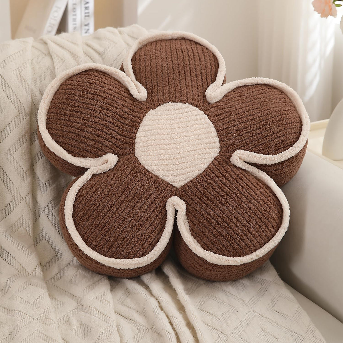 HOKIPO Plush Cotton Flower Cushion | Decorative Throw Pillow for Bed & Sofa - Cedar Brown
