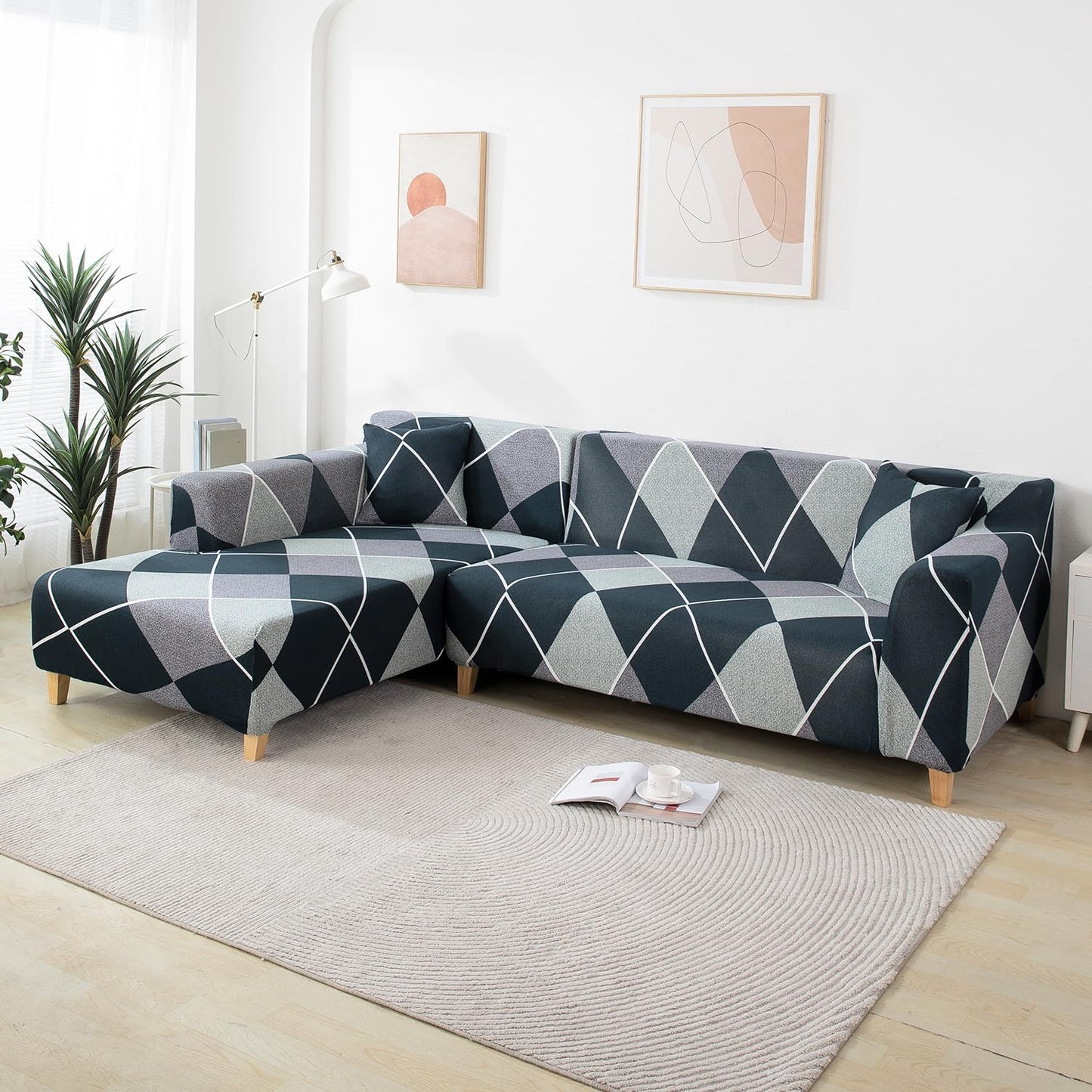 HOKIPO Stretchable Pack of 2 Cushion Cover 16x16, Blue Rhombus