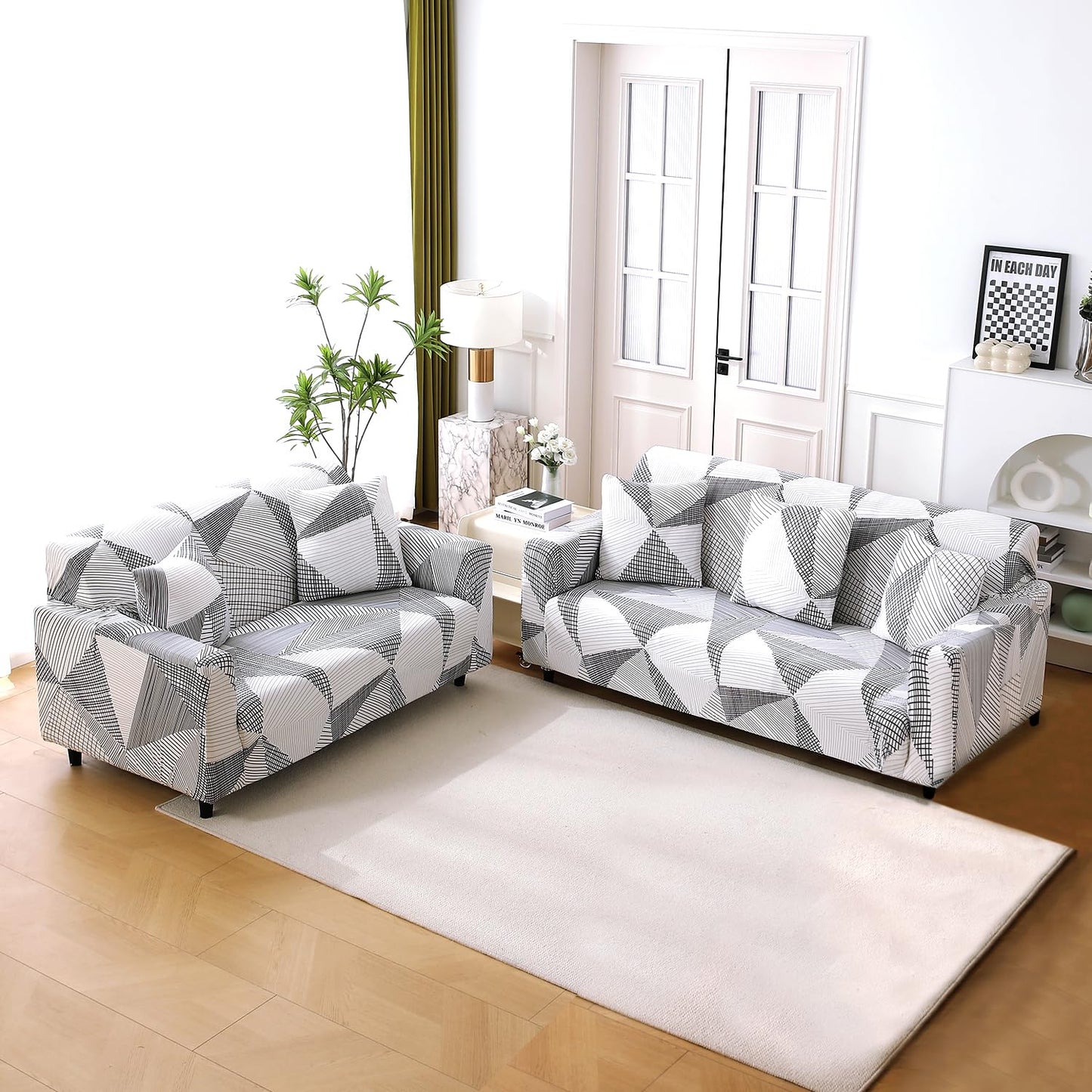 Elastic Stretchable Printed 140gsm Fully Covered Sofa Cover, Snow White Black Geometry