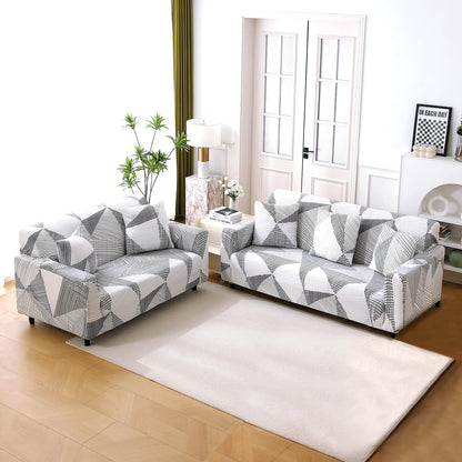 Elastic Stretchable Printed 140gsm Fully Covered Sofa Cover, Snow White Black Geometry