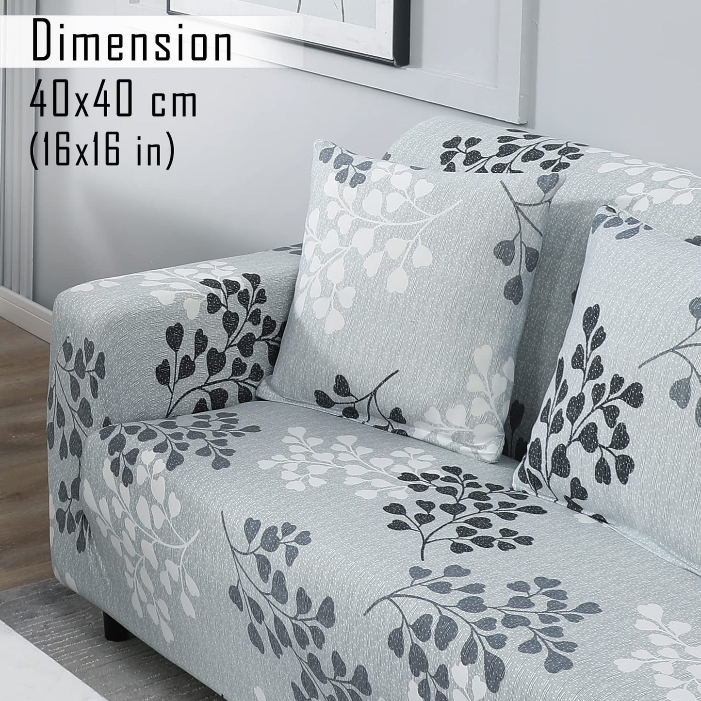 HOKIPO Stretchable Pack of 2 Cushion Cover 16x16, Grey Leaves