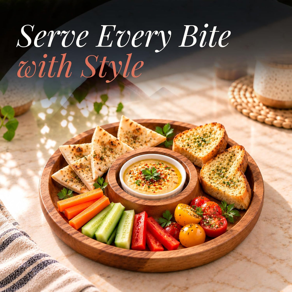 HOKIPO Arbor Acacia Wood Chip and Dip Platter, Round Dimsum Plate, 25 cm - image 2