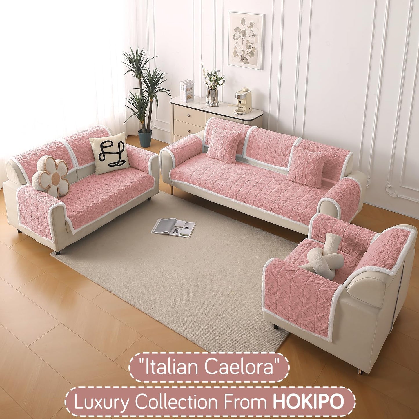 'Italian Caelora' Luxury Jacquard Plush Anti-Slip Sofa Cover Mat - Misty Rose