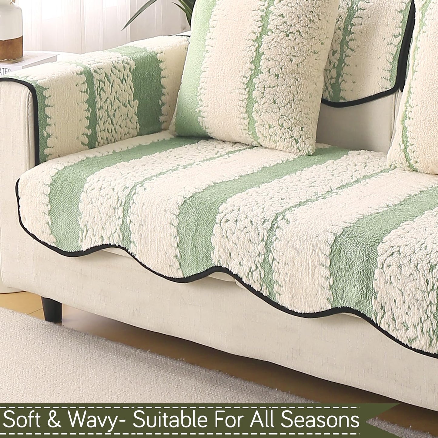 Luxury Sofa Cover Set | Seat, Back & Arm Covers | Anti-Slip Wavy Mat – Pistachio Green