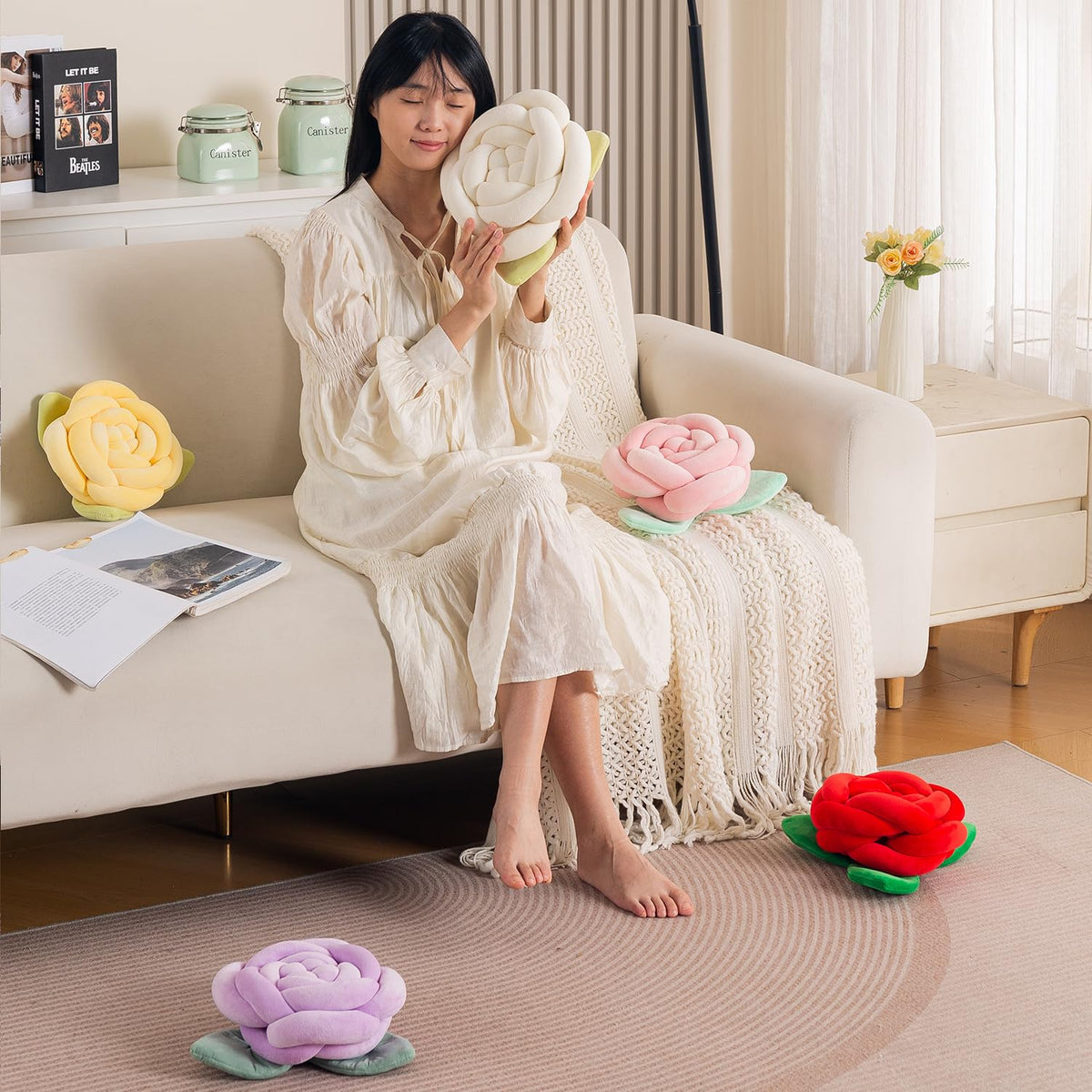 HOKIPO Rose Flower Shaped Cushion for Sofa & Bed, 22 cm, Red