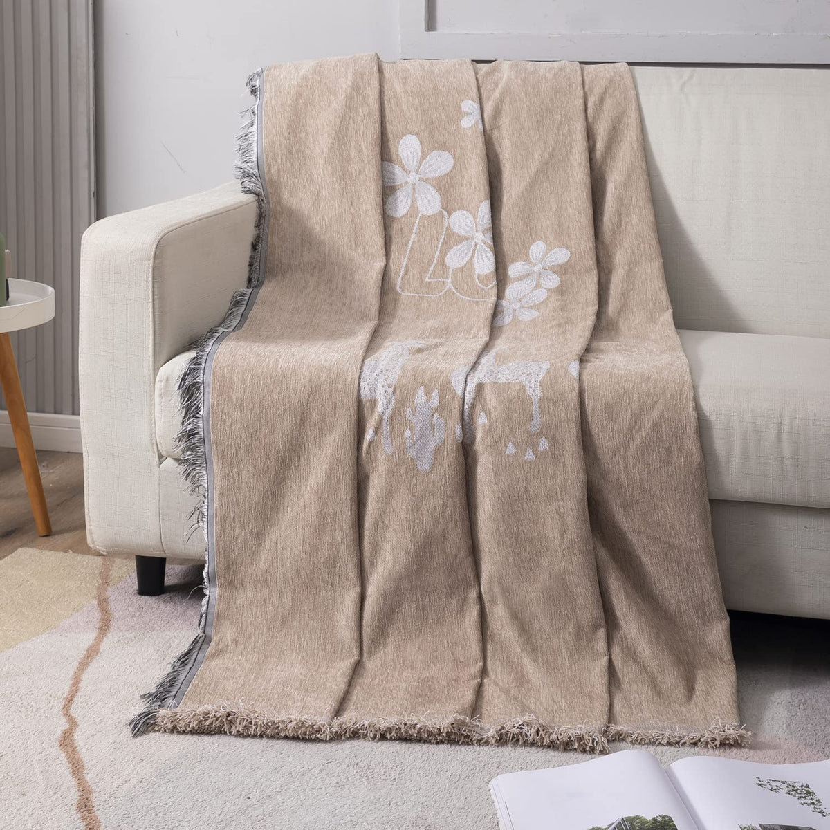 Beige Nature, Soft and Pet Friendly Chenille Sofa Cover Throw