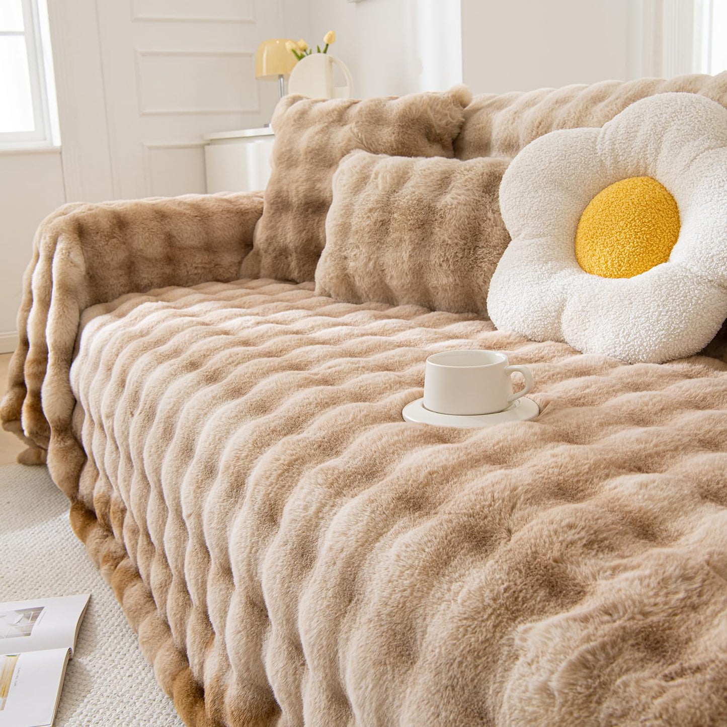 Premium Gradient Faux Rabbit Wool Sofa Throw Fluffy Sofa Cover, Brown