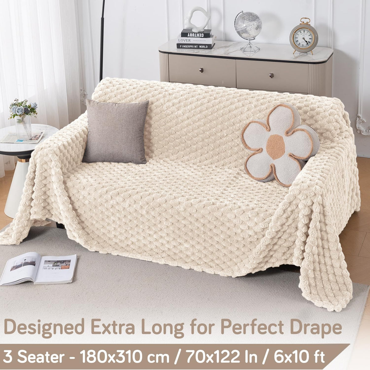 Luxury Rabbit Wool Plush Sofa Throw, Cream
