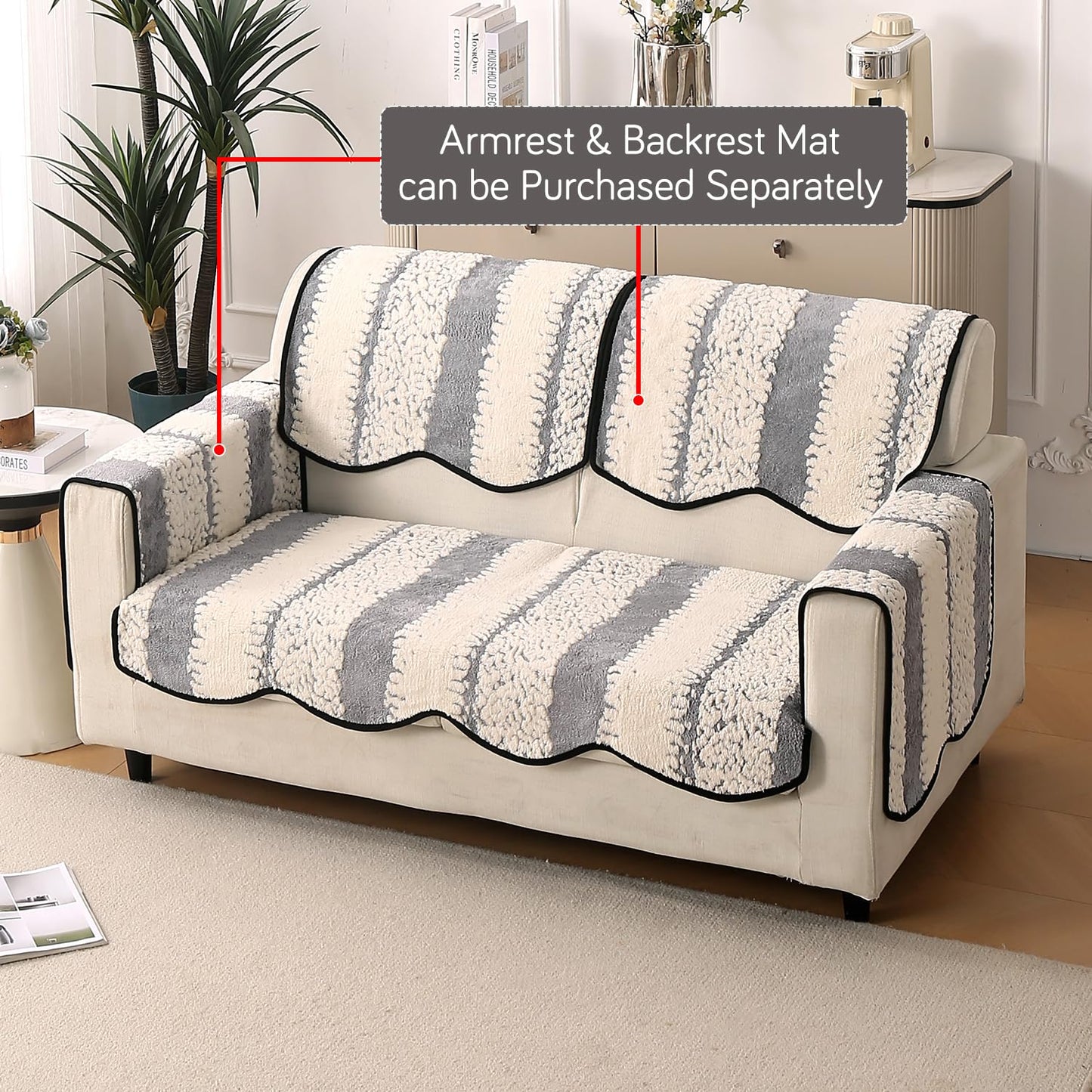 Luxury Wavy Anti Slip Plush Sofa Cover Mat, Pewter Grey