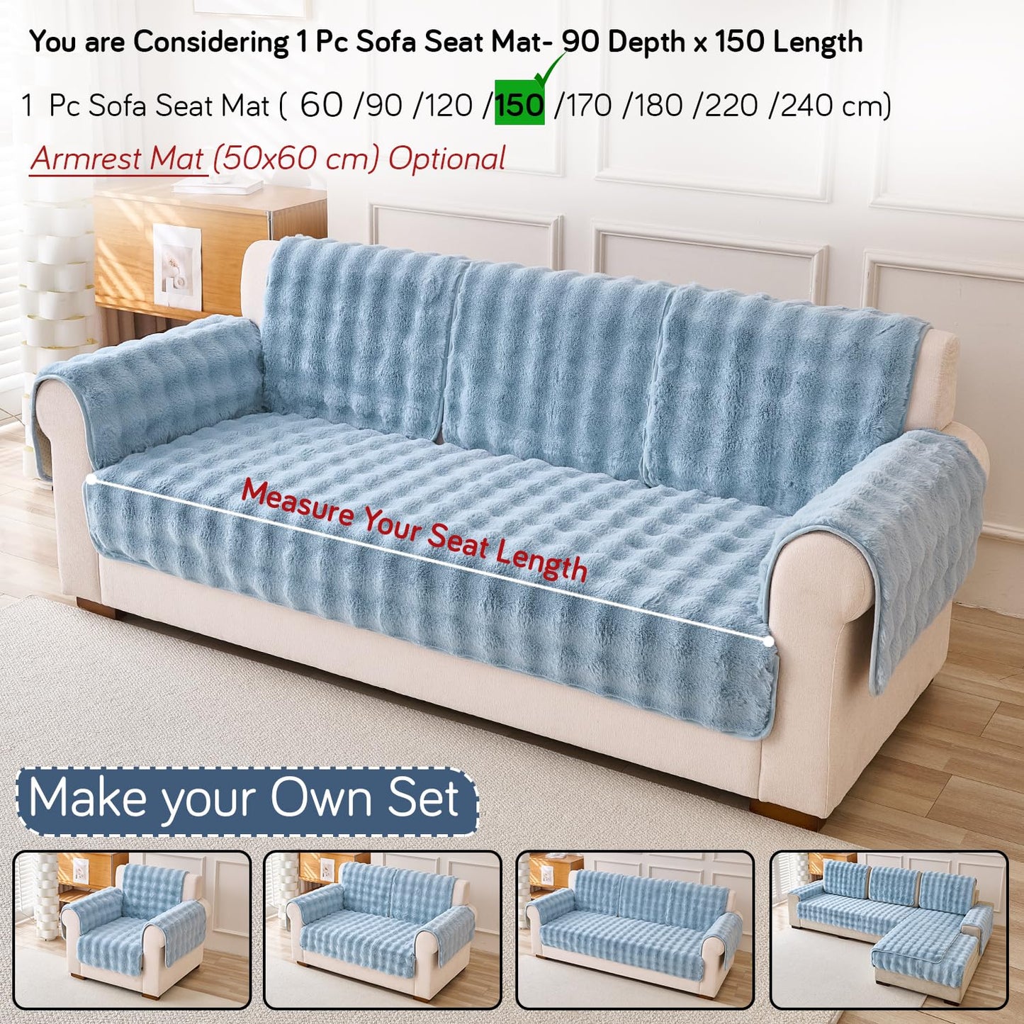 'FurHug' Premium Faux Rabbit Fur Sofa Seat Mats, Charm Blue