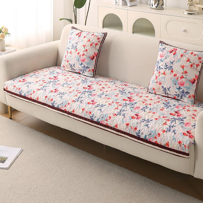 Florentina Series Premium Holland Velvet Sofa Cover Mat - Scarlet Rose Ivory
