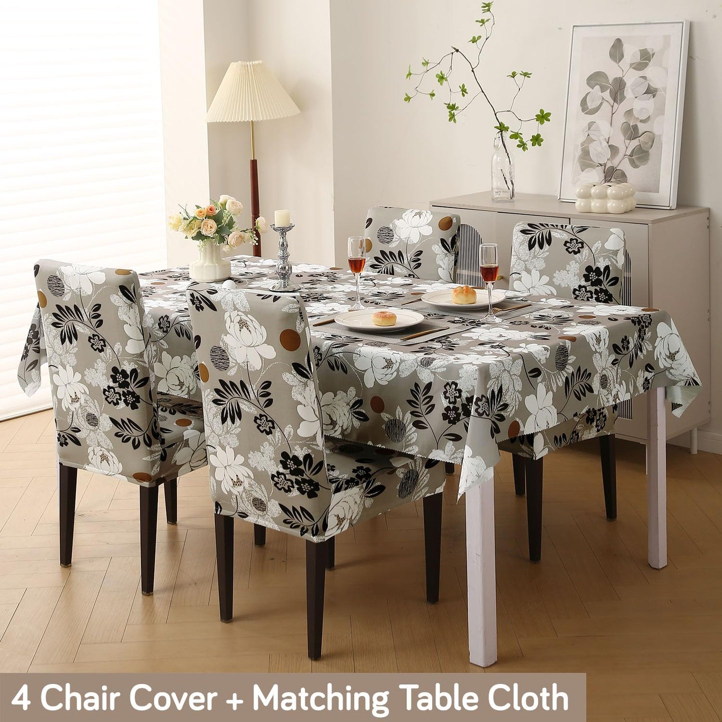 Elastic Dining Chair Covers with Matching Tablecloth, Feather Brown Floral