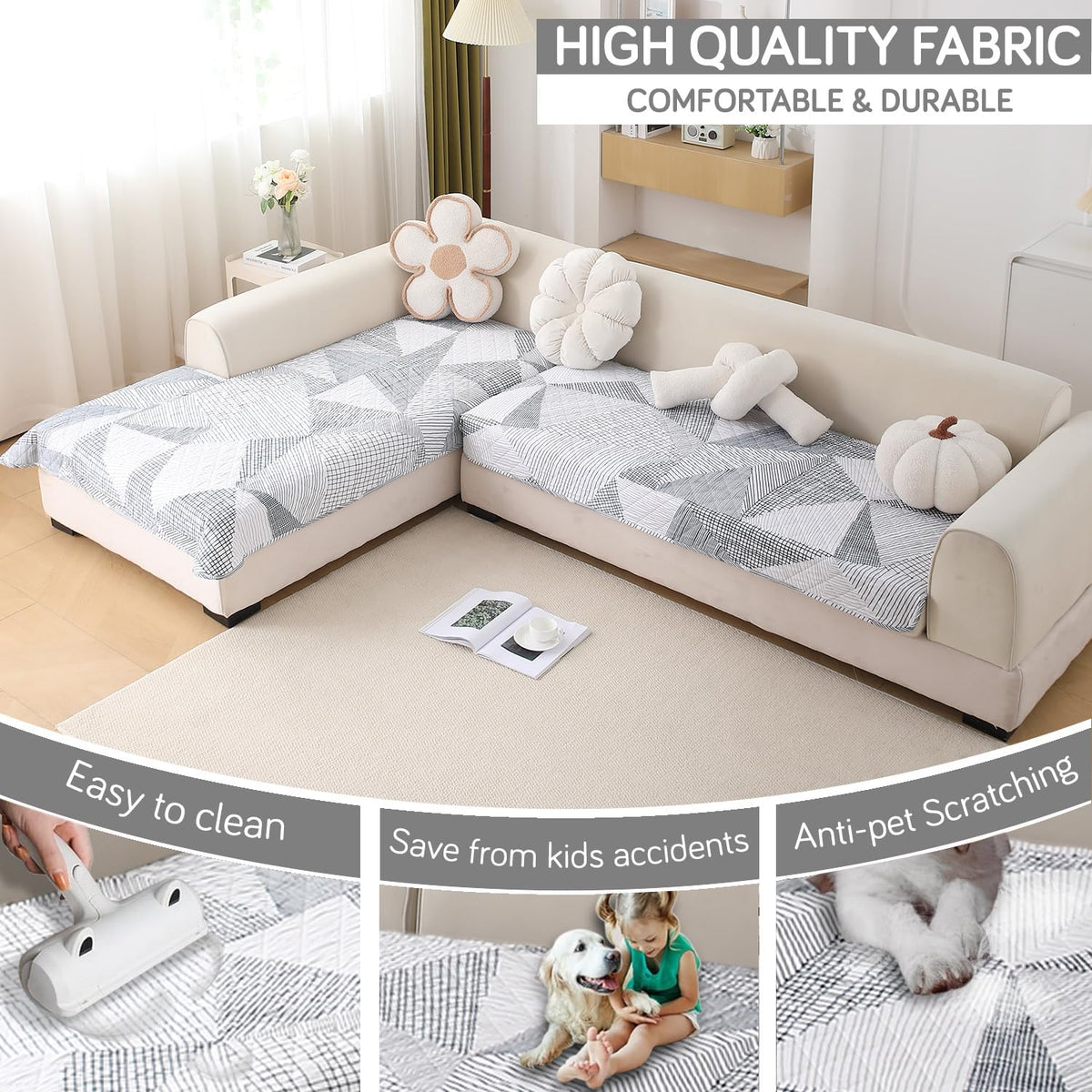 Waterproof Printed Quilted Quick Dry L Shape Sofa Seat Cover Mat, Snow White Black Geometry