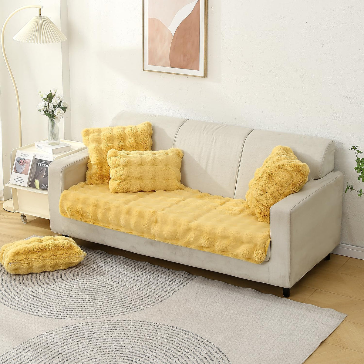 Buy Honey Yellow Colour faux rabbit fur sofa cushion covers in set of 2